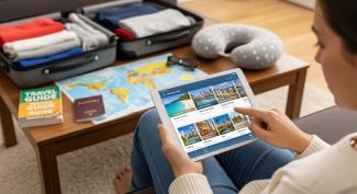 Turista che prenota una vacanza estiva utilizzando la modalità online