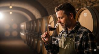 Un enologo annusa un calice di vino rosso in una cantina