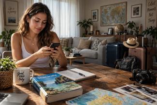 Turista che prenota una vacanza estiva utilizzando la modalità online