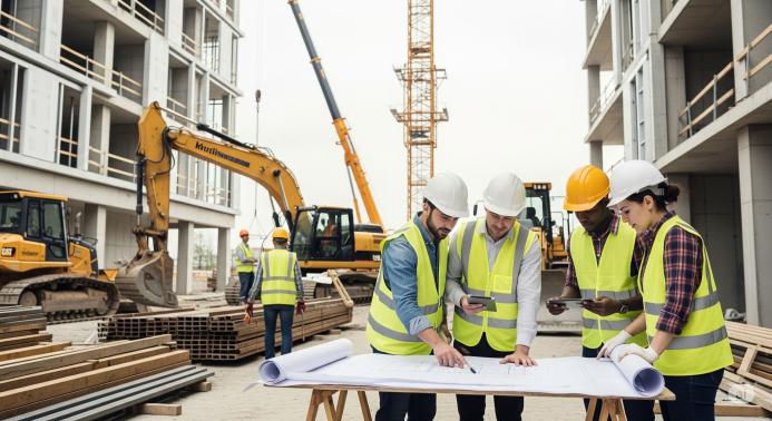 Un team di lavoratori edili consulta una planimetria in un moderno cantiere, con macchinari e materiali da costruzione sullo sfondo