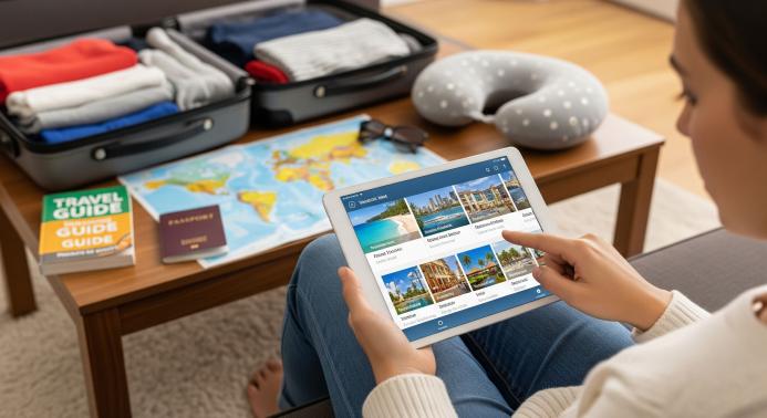 Turista che prenota una vacanza estiva utilizzando la modalità online