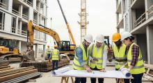 Un team di lavoratori edili consulta una planimetria in un moderno cantiere, con macchinari e materiali da costruzione sullo sfondo