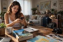 Turista che prenota una vacanza estiva utilizzando la modalità online